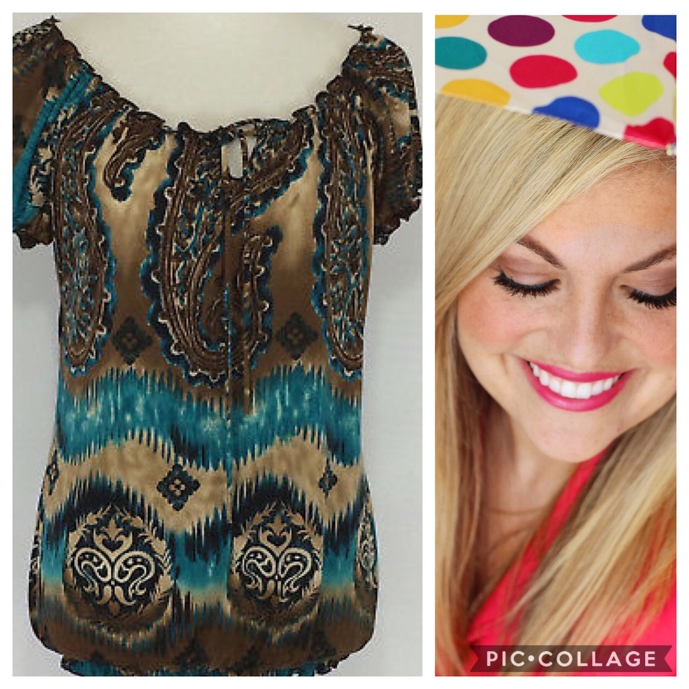 Brown & Teal Print Tunic TOP SZ L Cap Sleeve